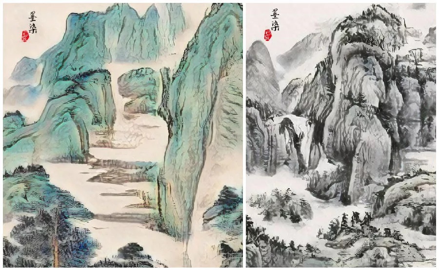 “墨染”项目中的青绿山水与水墨山水作品对照